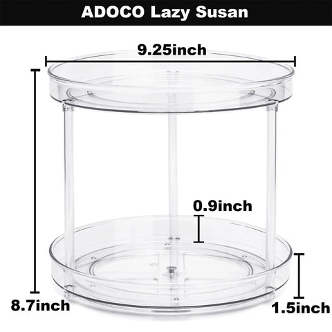 Two Tier Lazy Susan Turntable Organizer For Bathroom And Vanity, Clear 9.25 Inch Rotating Makeup Organizer For Skincare Perfume And Spice Storage, Smooth 360 Degree Spin, Non Slip, Sturdy Cabinet Organizer image showing size dimensions