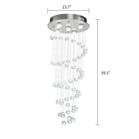 Crystal Spiral Raindrop Chandelier With K9 Crystal, Flush Mount LED Ceiling Light Fixture in polished metal, 39.3 inches tall