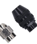 Heavy Duty Keyless Drill Chuck Collet Set Fits 1/32 To 1/8 Inch with a black chuck and brass adapter for tiny bits.