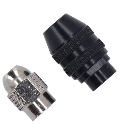 Heavy Duty Keyless Drill Chuck Collet Set Fits 1/32 To 1/8 Inch with a black chuck and brass adapter for tiny bits.