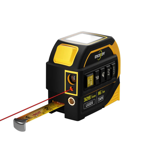 Heavy Duty Two In One Laser Tape Measure With 328Ft Slick Long Range Finder And 16Ft Pullback Steel Tape Featuring Spot On Crosshair Aim Plus Digital Angle And Volume Calc For Hustle Free Renovations