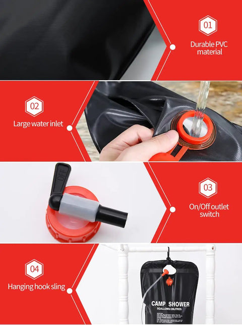 Large Capacity Solar Shower Bag 5 Gallons 20L For Camping Outdoors, showcasing PVC material, water inlet, outlet switch, and hanging hook.