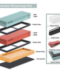 Exploded view of Actual Grit Whetstone Set With 400 1000 3000 8000 Grits, silicon carbide stones, bamboo base, angle guide.