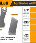 Front view: Leiluo 6-piece diamond oscillating blade kit for grout removal; includes grout-size charts (3/8, 3/16, 1/16).