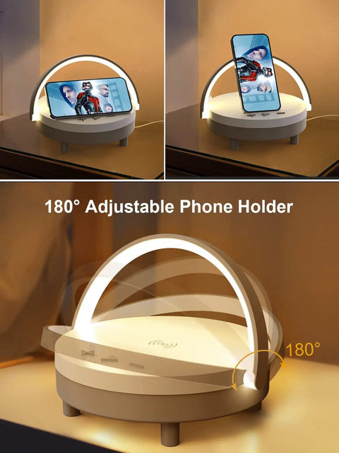 4 In 1 LED Night Light Bluetooth Speaker Wireless Charger Phone Holder Touch Bedside Lamp For Bedroom Or Office shown with phone holder