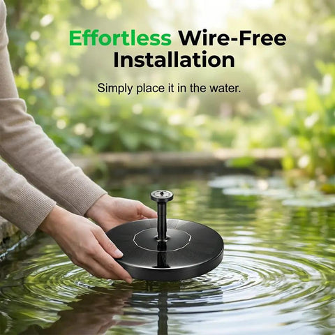 Hands placing Solar Powered Floating Fountain For Bird Bath And Pond Easy Setup Outdoor Water Feature That Starts In Seconds In Direct Sunlight No Wiring Great Backyard Garden Decor For Pools Ponds And Lakes Black Six Point Three Inch into water.