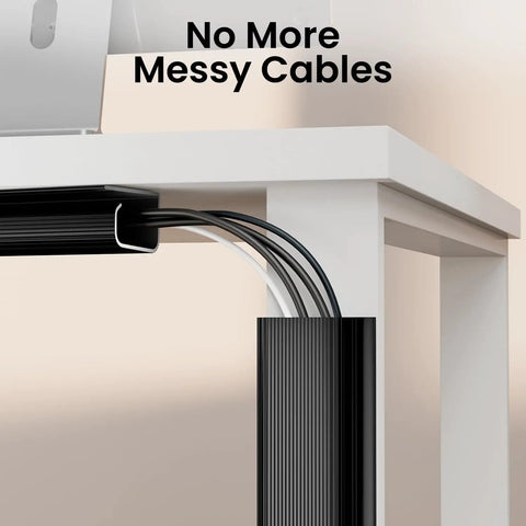 Under Desk Cable Management Kit With 12 J Channel Raceway Segments installed under a desk, neatly organizing wires for a tidy setup.