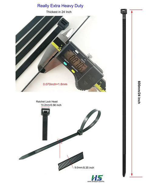 Detailed view of Extra Long Cable Zip Ties Heavy Duty 24 Inch UV Black 200 Lbs Outdoor Pack showing thickness and dimensions.