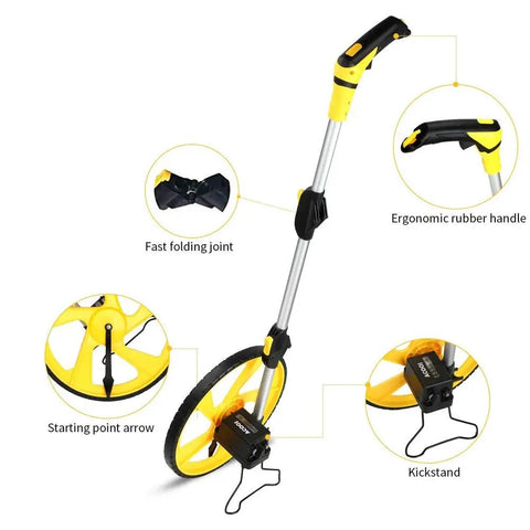 Close-up of QERTYHKK Foldable Measuring Wheel Distance Measurement Tools Meter/Feet showing ergonomic handle and kickstand.