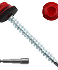 Close-up of Red Hex Head Self Drilling Roofing Screws For Wood And Sheet Metal, 200 Piece Set, No 10 X 2 Inches, EPDM Washer