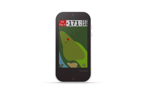 All In One GPS Golf Handheld With Built In Launch Monitor 3.5 Inch Sunlight Readable Touchscreen displaying golf course map