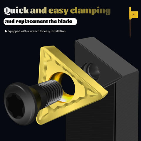 Close-up of Indexable Carbide Lathe Tool Bits Set Five Sixteenth Inch Shank Tin Coated Inserts Pro Grade demonstrating clamping.