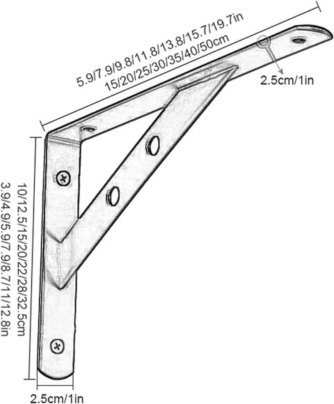 Heavy Duty Triangle Corner Brackets Built Tough For Floating Shelves And Scaffold Boards Rock Solid Right Angle Wall Mounts Kickass Steel Hardware For Your Next Project Pack Of Two with dimensions labeled.