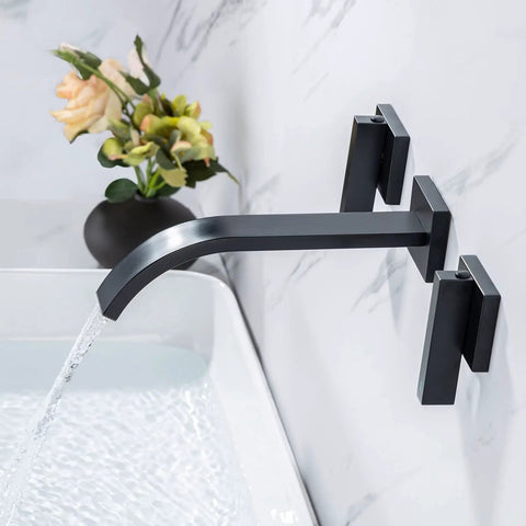 Matte Black Solid Brass Wall Mount Bathroom Faucet With Dual Lever Handles 8 Inch Center Wall Mounted Sink Faucet Rough In Valve Included Drip Free Brass Cartridge Leak Tested For Durability