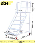 Dang Sturdy Six Step Rolling Ladder Easy Roll Mobility Non Slip Alloy Steel Climbing Platform For Warehouse Garage Library Shelving Heavy Duty Walking Rack White 880 Lb Weight size dimensions displayed with measurement labels.