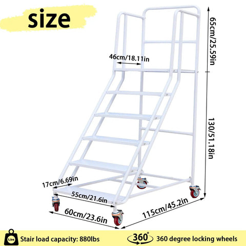 Dang Sturdy Six Step Rolling Ladder Easy Roll Mobility Non Slip Alloy Steel Climbing Platform For Warehouse Garage Library Shelving Heavy Duty Walking Rack White 880 Lb Weight size dimensions displayed with measurement labels.