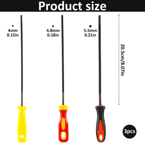3 Pack Chainsaw File Set With 5/32 Inch, 7/32 Inch, And 3/16 Inch Round Sharpening Files, Plastic Handle For Easy Storage Hanging Hole, Rugged Chain Saw Sharpener Kit For Quick Pro Grade Edge Maintenance