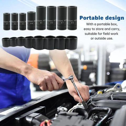 Mechanic using 70500 Tap Socket Set, 8-piece black tap socket wrench set for fractional MCTI standard taps shown with PVC storage rack