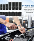 Mechanic using 8-Piece Tap Socket Wrench Set For Fractional, NPT And Metric Taps Up To 12mm, showing heavy duty black finish.