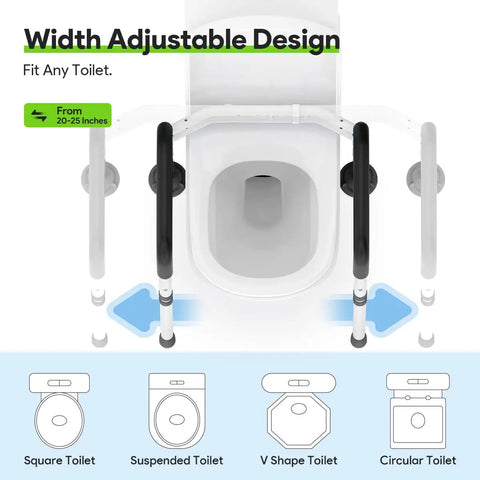 Universal Adjustable Toilet Safety Rail Rock Solid Stand Alone Bathroom Assist Handle showing width adjustment for various toilet types.