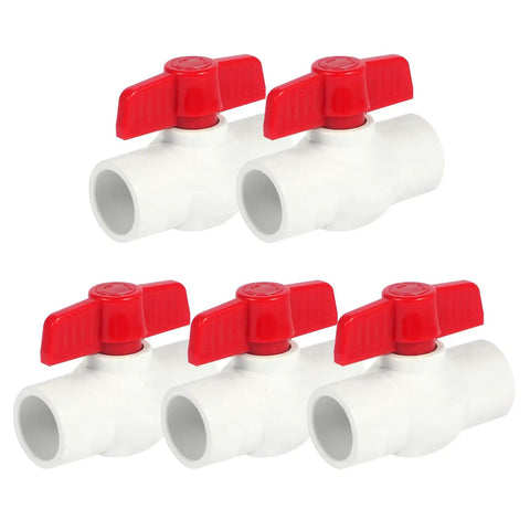 Five Pack Three Quarter Inch PVC Ball Valves With Slip Ends For Water Lines 150 Psi Rating Socket Fittings Pipe Fittings