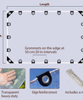 Diagram showing 4x6 Ft Clear Tarp For Outdoor Use Heavy Duty PE Clear Vinyl Tarp With Reinforced Grommets Tear Resistant Waterproof Cover