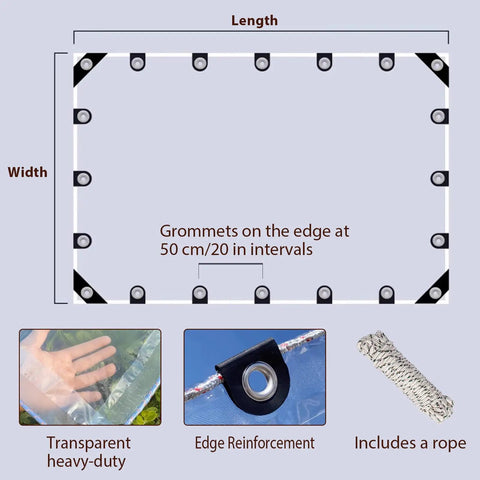 Diagram showing 4x6 Ft Clear Tarp For Outdoor Use Heavy Duty PE Clear Vinyl Tarp With Reinforced Grommets Tear Resistant Waterproof Cover