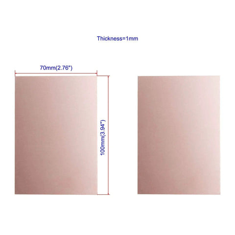 Double Sided Copper Clad PCB Laminate Board FR4 Glass Fiber 100 X 70 X 1mm Pack Of 10 for DIY electronics projects showing dimensions