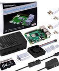 Raspberry Pi 4 Model B 4GB Killer Starter Bundle with 64Gb SD Card, cooling fan, and power adapter in a comprehensive kit.