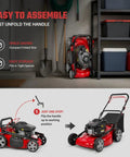 18 Inch Self Propelled Gas Lawn Mower With 131cc DV Engine 8 Cutting Heights Rear Wheel Drive Push Walk Behind 3 In 1 Mulching Side Discharge And Rear Bag Perfect For Yards And Landscaping On Hills And Rough Terrain folded for storage and opened for use