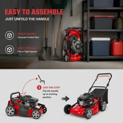 18 Inch Self Propelled Gas Lawn Mower With 131cc DV Engine 8 Cutting Heights Rear Wheel Drive Push Walk Behind 3 In 1 Mulching Side Discharge And Rear Bag Perfect For Yards And Landscaping On Hills And Rough Terrain folded for storage and opened for use