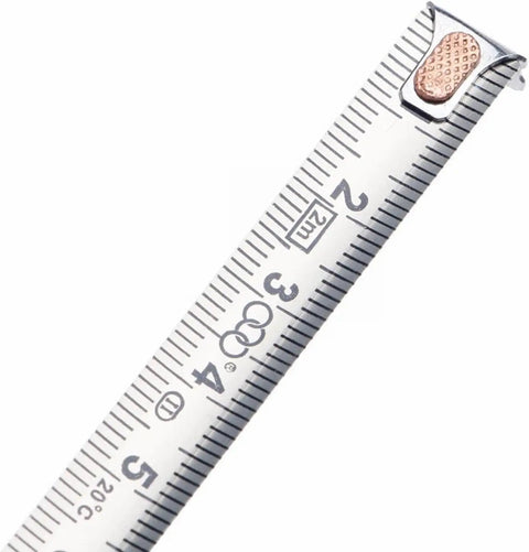 Close-up view of the tape measure showing clear markings, part of the Heavy Duty Retractable Tape Measure With Self Locking Belt Loop Clip And Strong Magnetic Hook For Fast Woodworking Construction On Professional Job Sites And Home Outdoor Renovations.