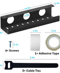 Under Desk Cable Management Tray Set Self Adhesive 2 Pack Steel Wire Organizer For Cables And Power Strips No Drill Mount Stick On Storage kit components including tray dimensions, screws, adhesive tape, and cable ties