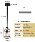Rustic Wood And Glass Pendant Light With Matte Black Frame, Adjustable Farmhouse Lighting detailed specs and size chart