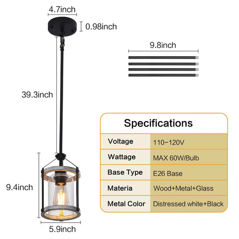 Rustic Wood And Glass Pendant Light With Matte Black Frame, Adjustable Farmhouse Lighting detailed specs and size chart