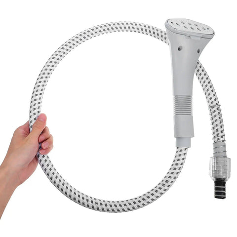 Replacement Steam Hose And Nozzle Kit For Garment Steamer With Clip Design, showing hand holding heavy duty high temperature tube.