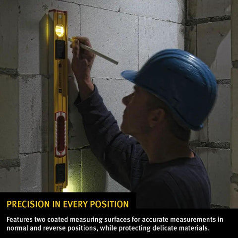 Construction worker using LED Lighted Level With Illuminated Vials For True Plumb And Level Readouts on wall