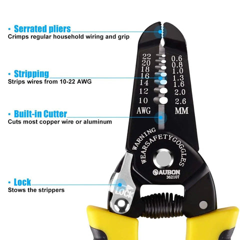 Close-up of 2-Pack Pro-Grade Wire Stripper And Cutter Set For 10-22 AWG showing serrated pliers, stripping, cutter, lock features.