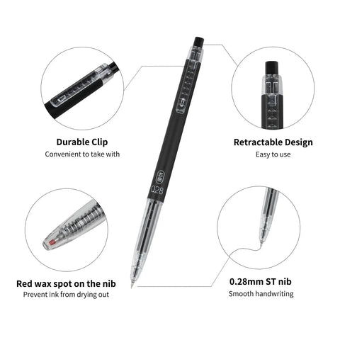 Close-up of Extra Fine 0.28mm Gel Pens Black Ink Go To School Office Set With retractable design and red wax capped nib