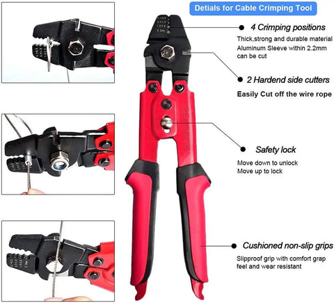 Wire Rope Crimping Tool Up To 2.2mm Swager Crimper With Cutting Function and 100 Pcs Aluminum Double Barrel Ferrule Sleeves Kit features
