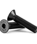 Flat Head Hex Socket Cap Screws Built For Tough Jobs 10mm Diameter 30mm Length M10 One Point Five Pitch Countersunk Bolts Ten Point Nine Grade Alloy Steel Black Oxide Finish Allen Hex Drive Fully Threaded Metric Machine Screws 10 Pack, close-up view