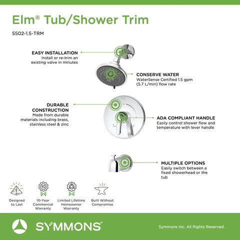 Diagram of Elm Tub And Shower Trim With 5-Mode Showerhead And Diverter, Single Handle, Chrome Finish, 1.5 GPM, ADA Lever features