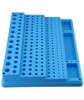 Pro Grade Drill Bit And End Mill Storage Box Organizer With 82 To 288 Hole Capacity in blue hardened plastic, angled view.