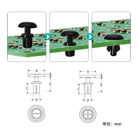 Heavy Duty Nylon Expansion Rivet Nuts Push In Buckle Clips 100 Pack Black mounted on PCB board with precise fit and measurements.