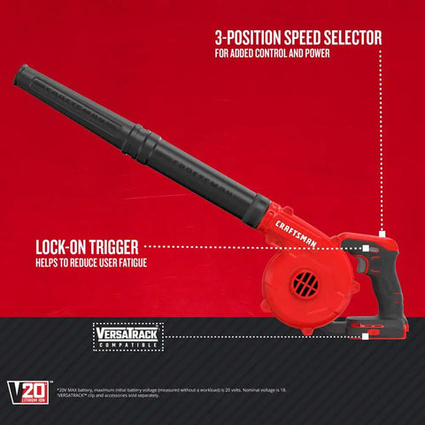 V20 Cordless Leaf Blower Bare Tool with 125 MPH Max Air featuring 3 Speed Selector and Lock-On Trigger
