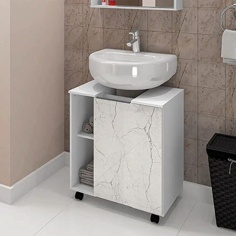 Easy Pedestal Sink Vanity Cabinet With Open Shelf Storage For Small Bathrooms, 21.73 Inch White Carrara Finish displayed in bathroom