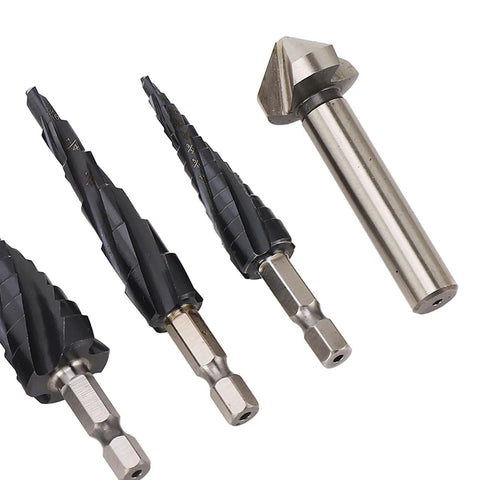Omquot Premium Step Drill Set With High Hardness M35 Cobalt 4 Flute Pagoda Bits For Cutting Stainless Steel And Hard Metal Perfect For Electric Drill Pros Who Need Fast Smooth Chips And Tough Grip! step drill bits on white background