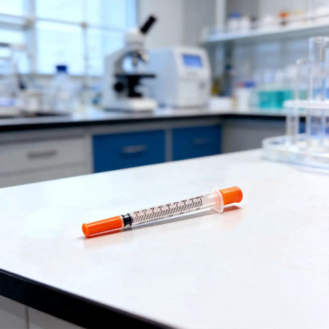 30 Pack U-100 1ml 30G 5/16 Inch 8mm Syringes With Needle, Individually Sealed And Leak-Proof, Sterile Medical Grade For Insulin Dosing And Small Medical Procedures. Single sterile insulin syringe on lab bench