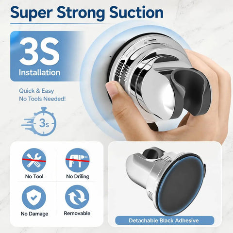 Hand installing removable shower head holder for bathroom with no drill suction cup adjustable handheld shower bracket.