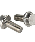 Stainless Steel Flanged Hex Bolts 1/4-20 X 3/4 Inch DIN 6921 A2-70 positioned to show hex head and flange close-up.